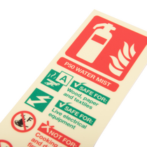 Signage shows the P50 water mist suitable for use on live electrical equipment